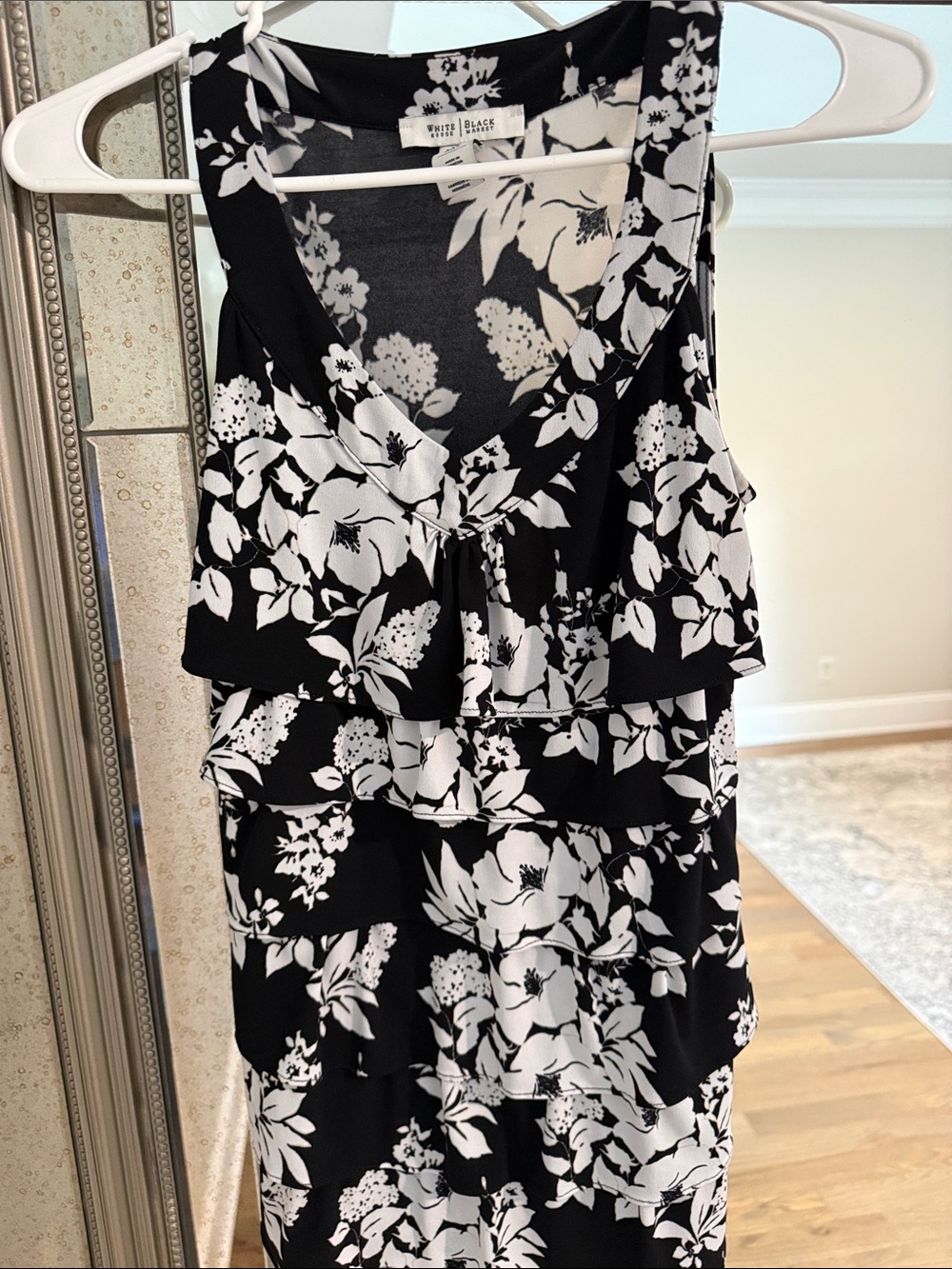 White House Black Market Black & White Floral Ruffle Tiered Tank Top